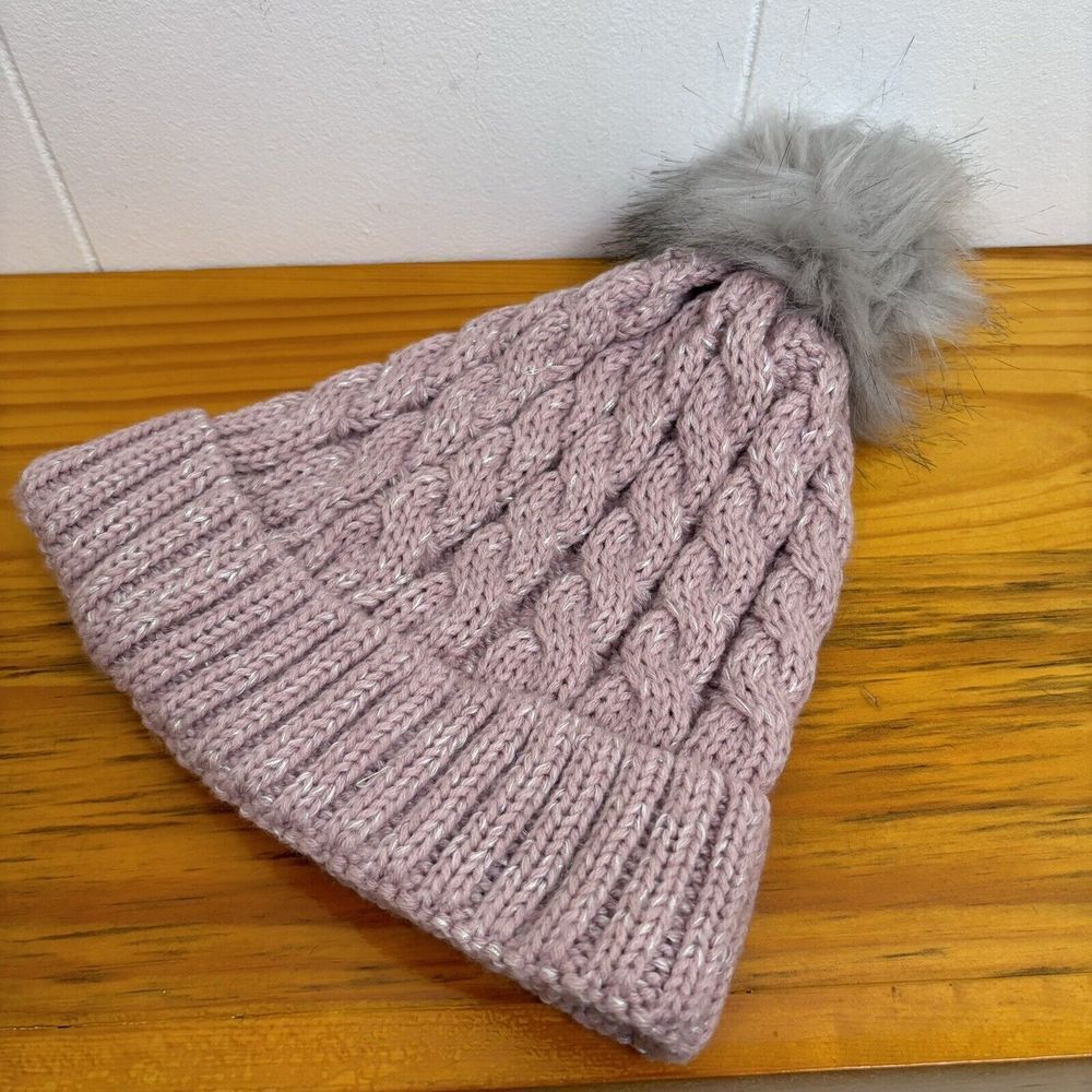 Pink Cable Knit Beanie One Size‎ Knit Blend with Gray Faux Fur Pom